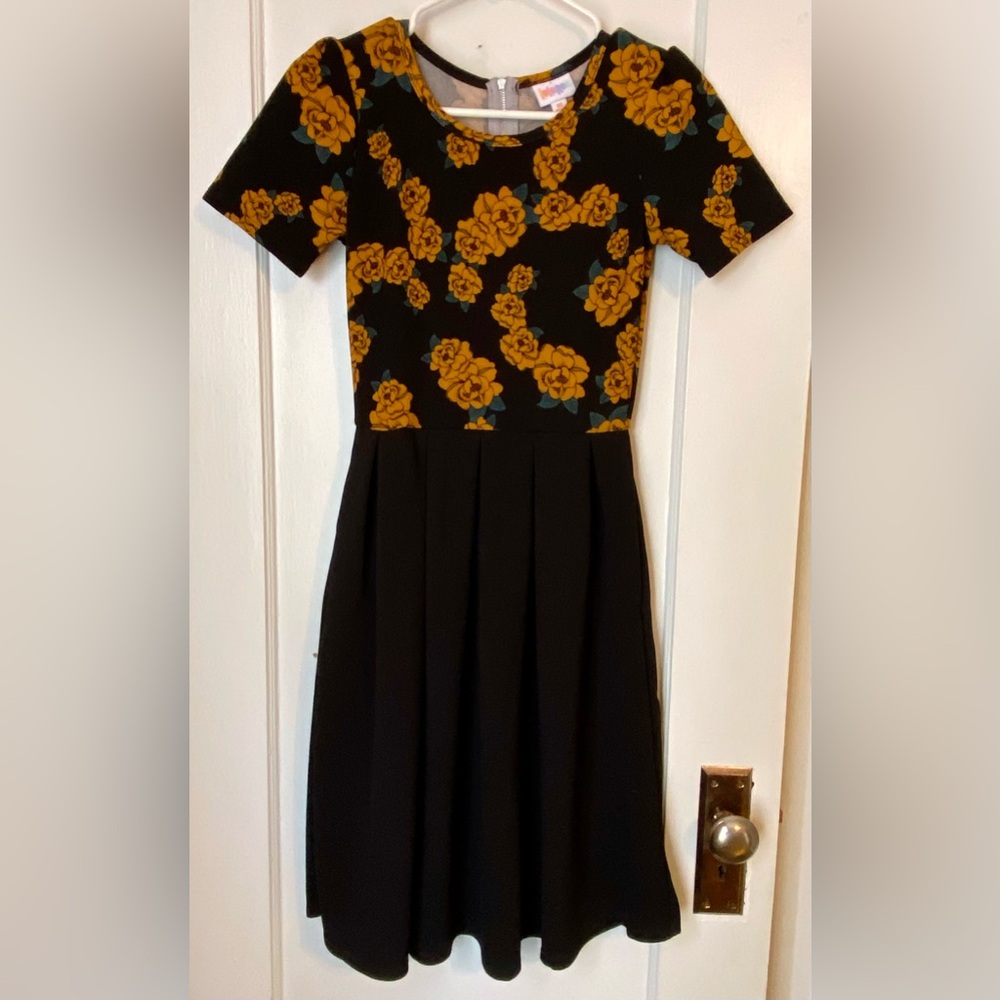 LuLaRoe Black and Mustard Yellow Skater Dress with Vintage Floral Print